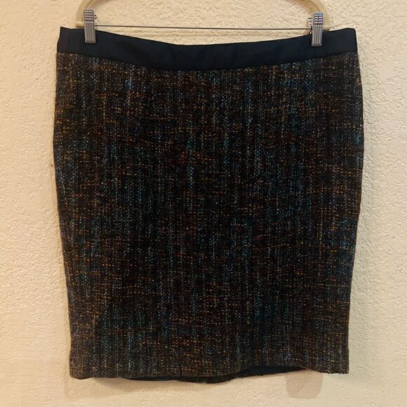 Boden Tweed Skirt Sz 16R Knee Length Brown Blue Orange Flecks Back Slit - Picture 2 of 11
